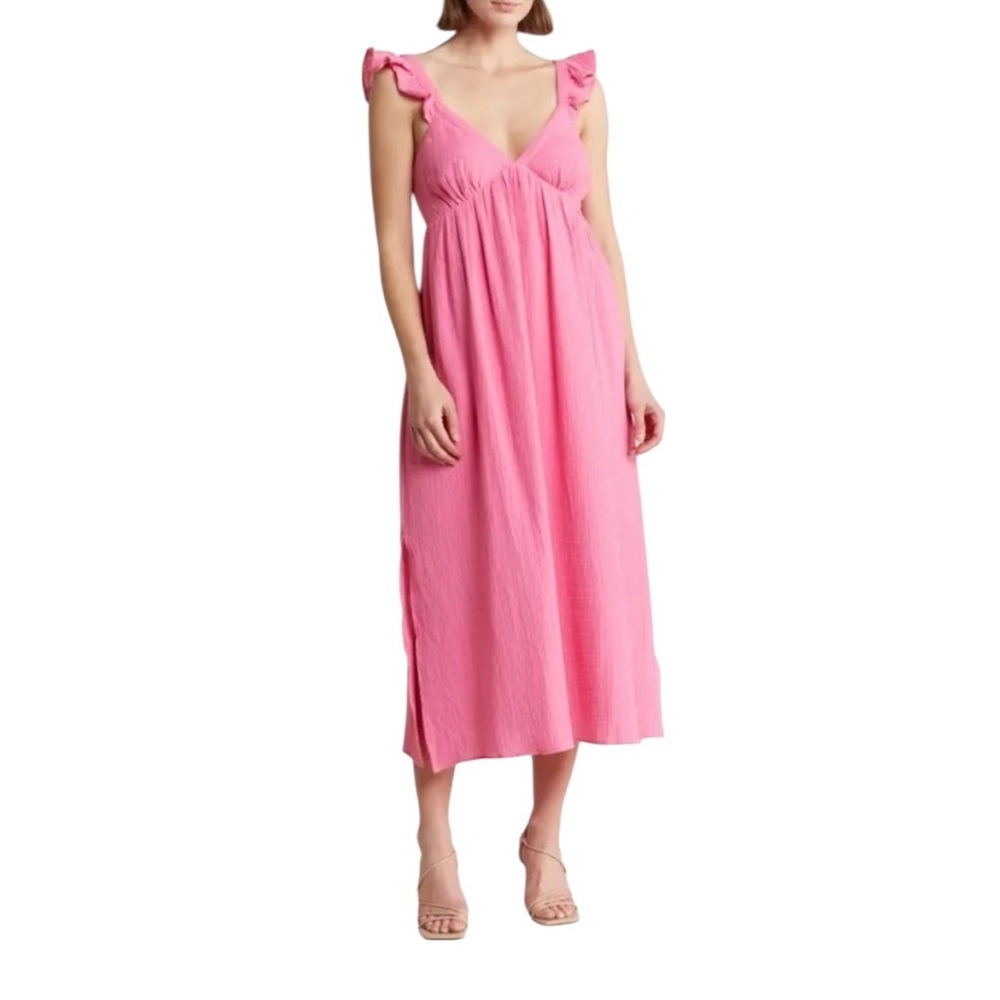 Vici Blu Pepper Women’s Bright Pink Ruffle Sleeve‎ Midi Dress Medium NWOT